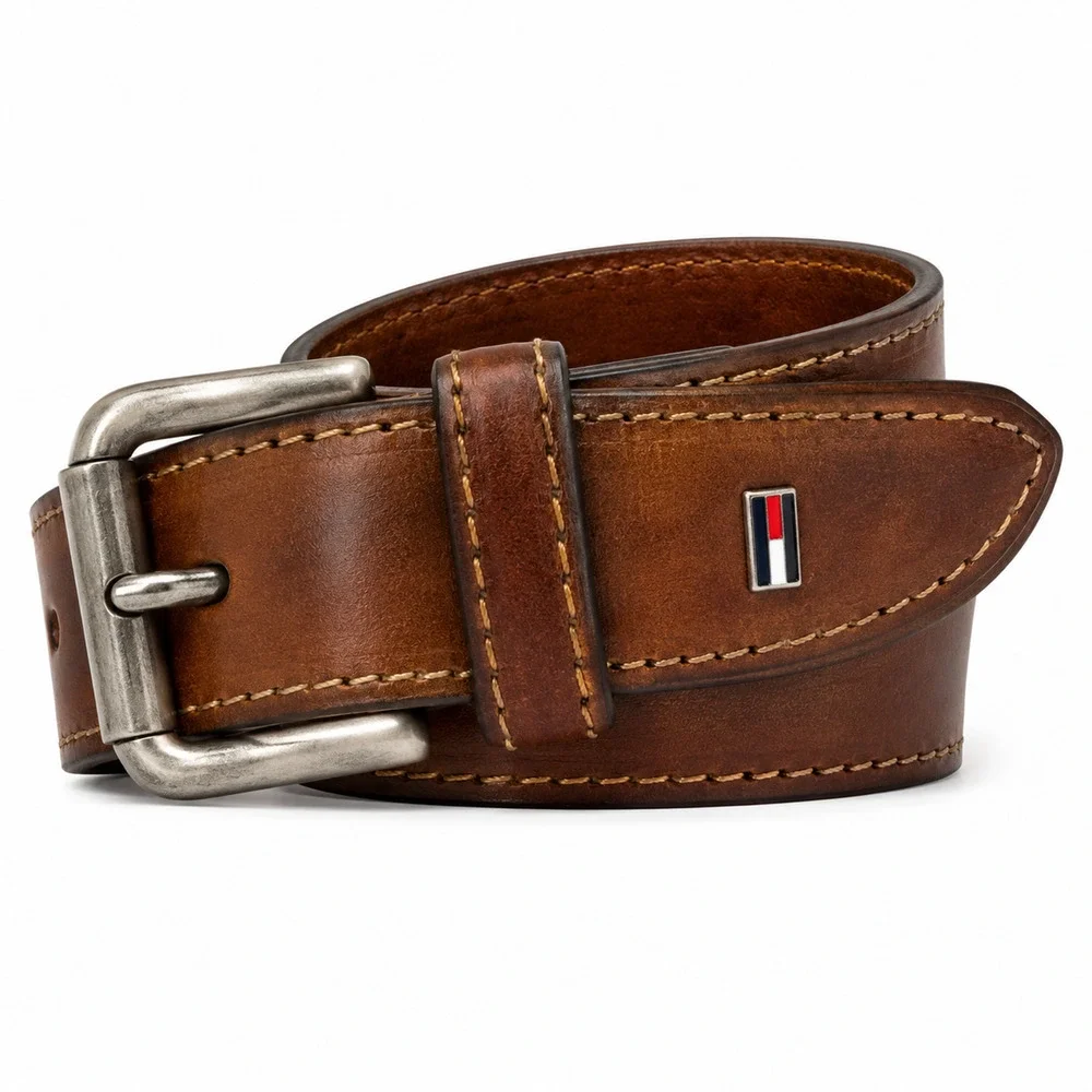Tommy Hilfiger Brown Genuine Leather Belt Classic Preppy Casual Unisex